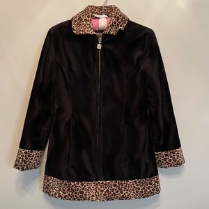 90s y2k furry mudd jacket with leopard print cheetah print trim